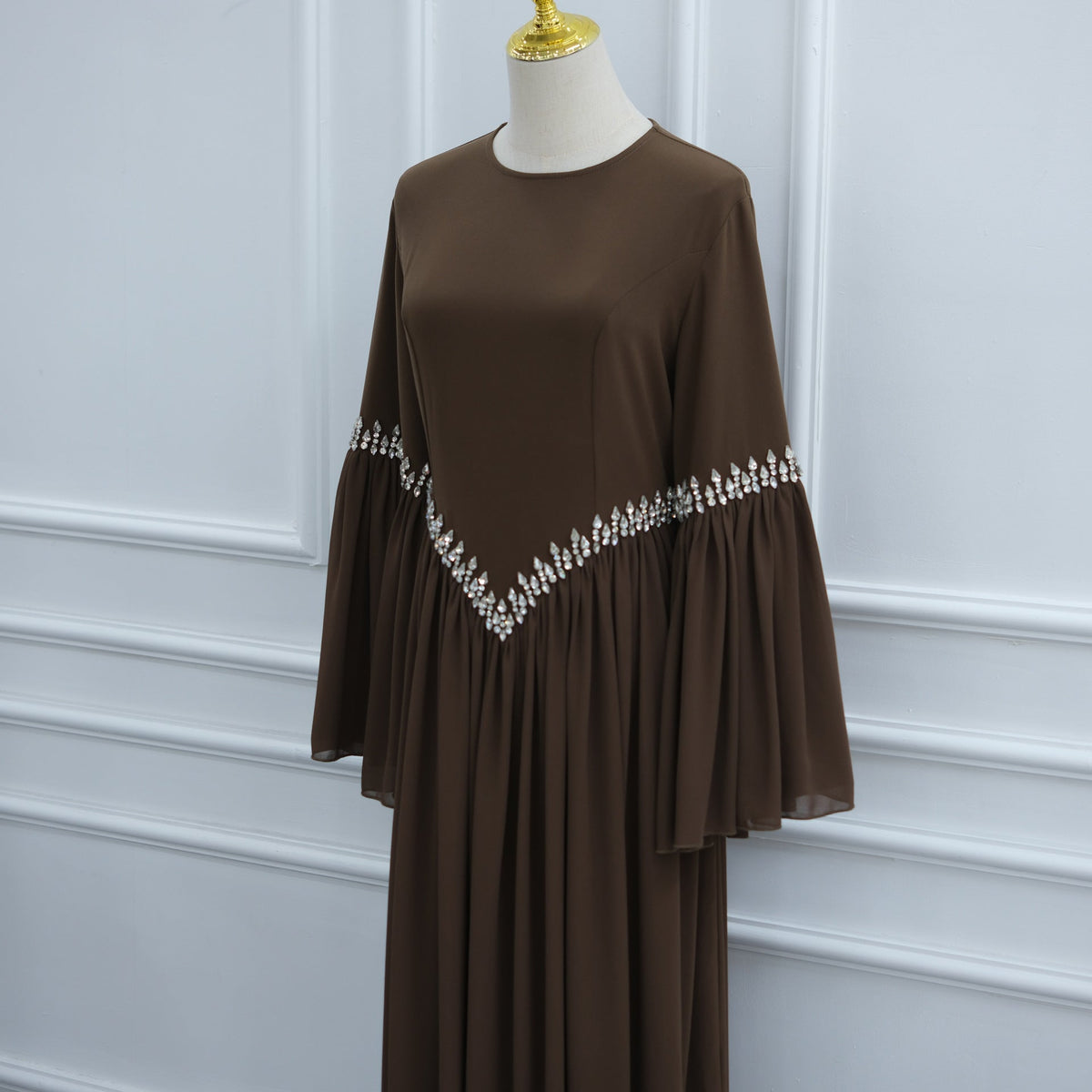 Rhinestone Waist & Cuff Flared Sleeve Maxi Dress(MS513) - Mariam's Collection