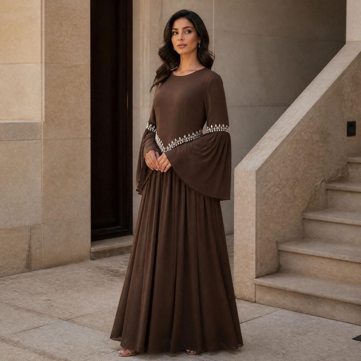 Rhinestone Waist & Cuff Flared Sleeve Maxi Dress(MS513) - Mariam's Collection