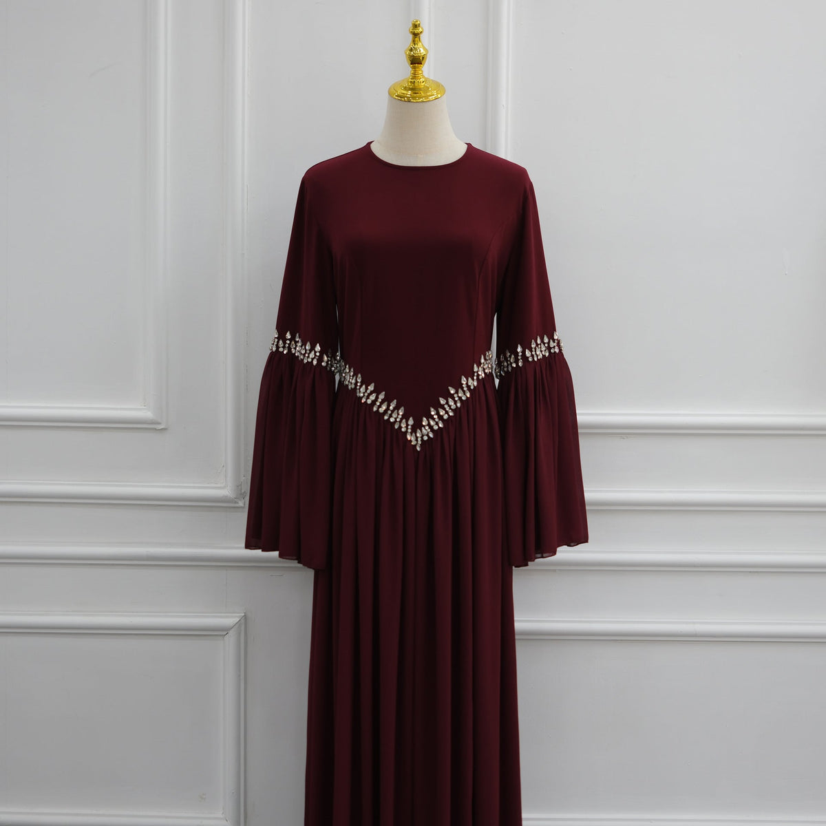 Rhinestone Waist & Cuff Flared Sleeve Maxi Dress(MS513) - Mariam's Collection