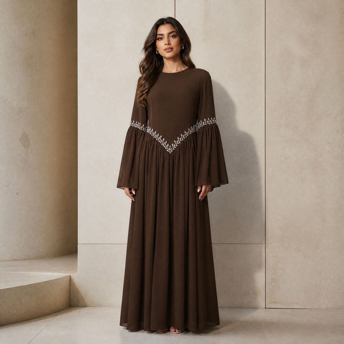 Rhinestone Waist & Cuff Flared Sleeve Maxi Dress(MS513) - Mariam's Collection