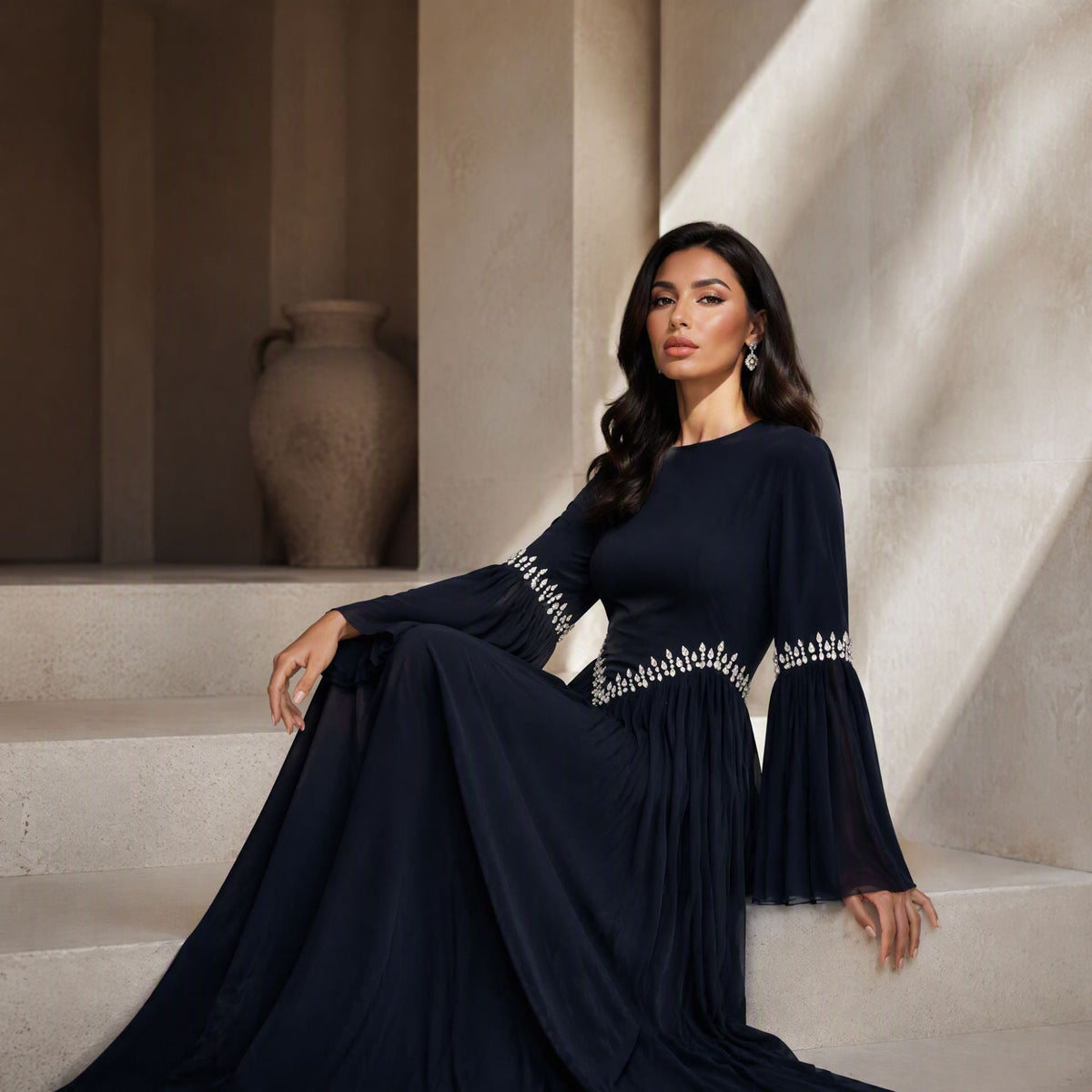 Rhinestone Waist & Cuff Flared Sleeve Maxi Dress(MS513) - Mariam's Collection