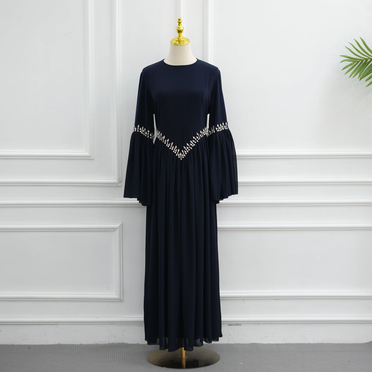 Rhinestone Waist & Cuff Flared Sleeve Maxi Dress(MS513) - Mariam's Collection