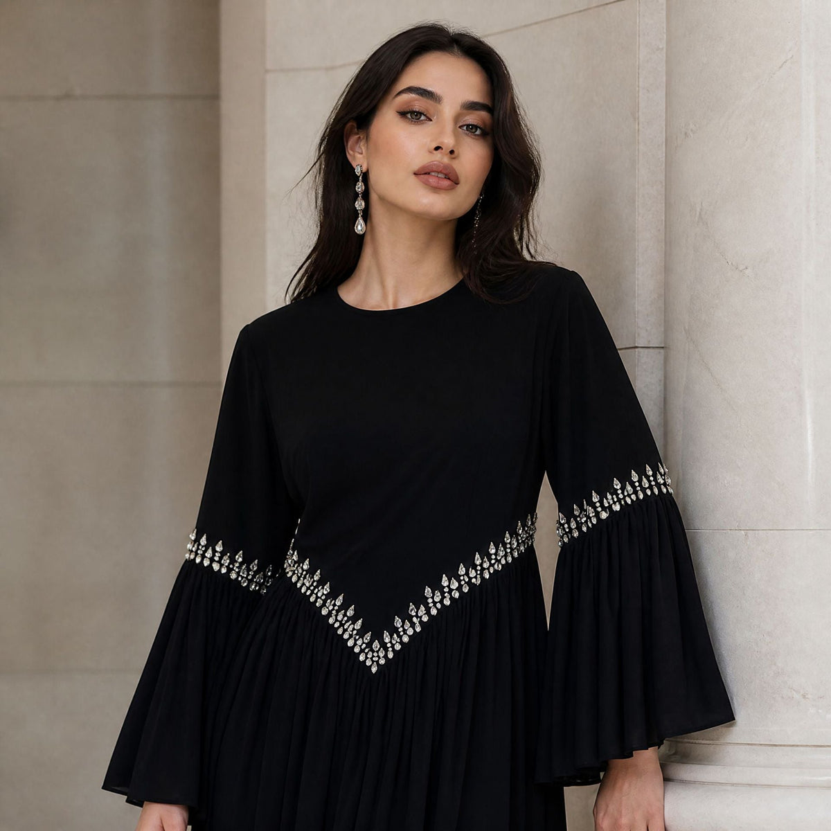 Rhinestone Waist & Cuff Flared Sleeve Maxi Dress(MS513) - Mariam's Collection