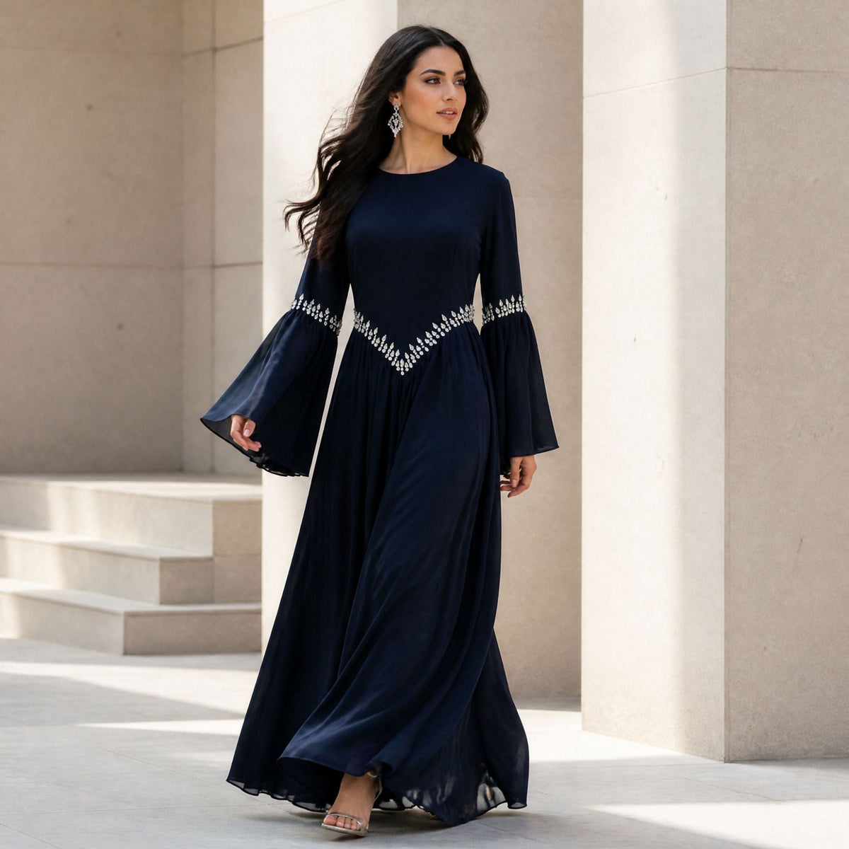 Rhinestone Waist & Cuff Flared Sleeve Maxi Dress(MS513) - Mariam's Collection