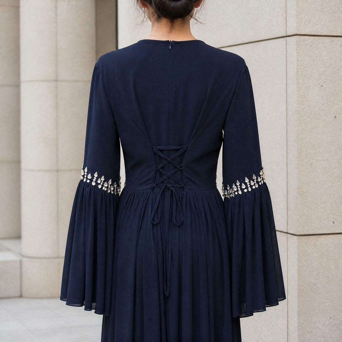 Rhinestone Waist & Cuff Flared Sleeve Maxi Dress(MS513) - Mariam's Collection