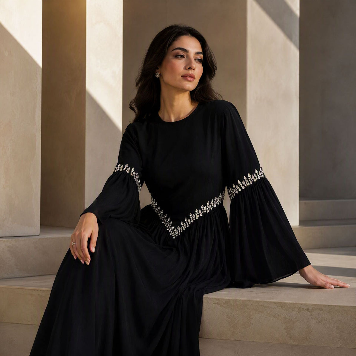 Rhinestone Waist & Cuff Flared Sleeve Maxi Dress(MS513) - Mariam's Collection
