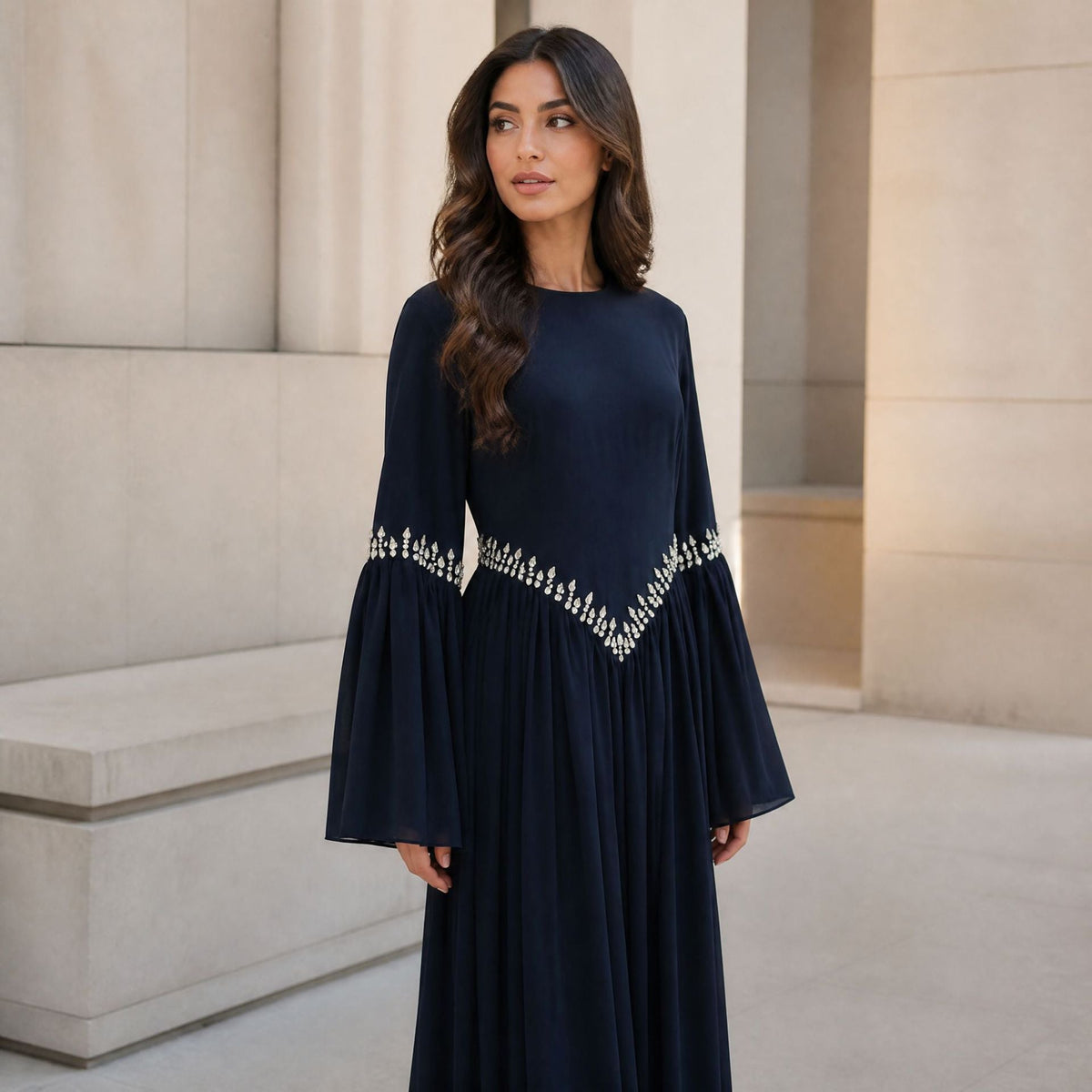 Rhinestone Waist & Cuff Flared Sleeve Maxi Dress(MS513) - Mariam's Collection
