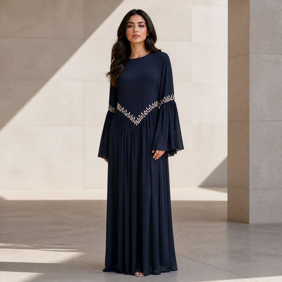 Rhinestone Waist & Cuff Flared Sleeve Maxi Dress(MS513) - Mariam's Collection
