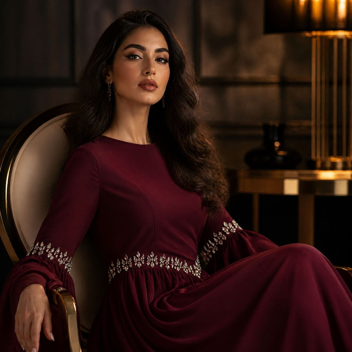 Rhinestone Waist & Cuff Flared Sleeve Maxi Dress(MS513) - Mariam's Collection