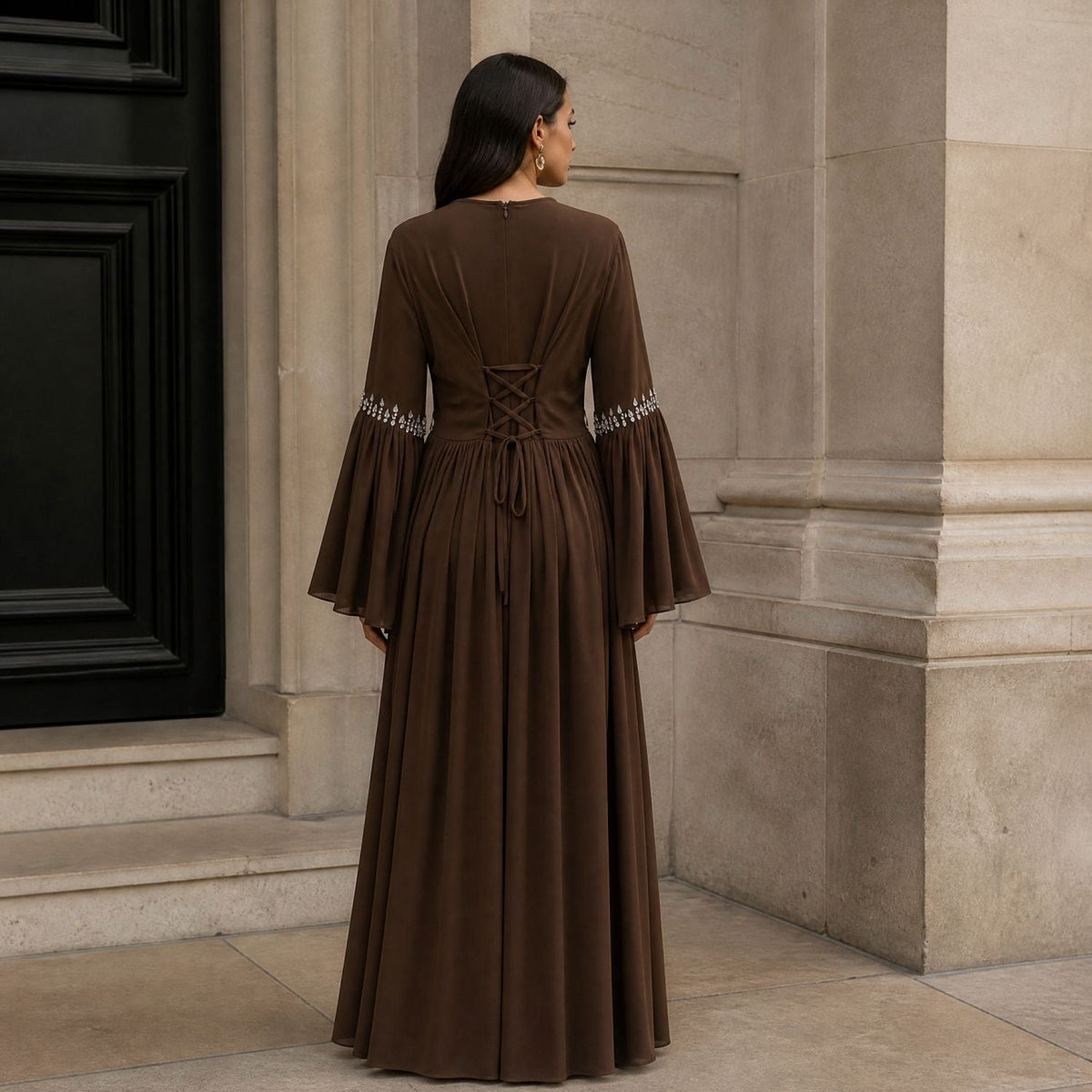 Rhinestone Waist & Cuff Flared Sleeve Maxi Dress(MS513) - Mariam's Collection