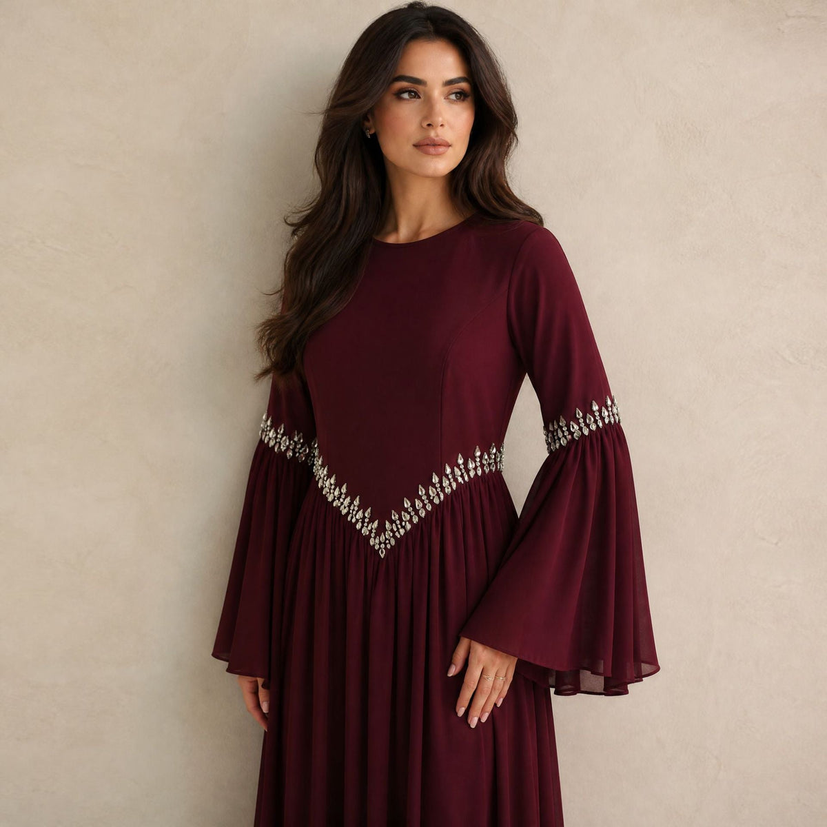Rhinestone Waist & Cuff Flared Sleeve Maxi Dress(MS513) - Mariam's Collection