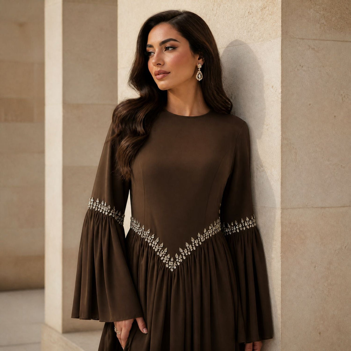 Rhinestone Waist & Cuff Flared Sleeve Maxi Dress(MS513) - Mariam's Collection