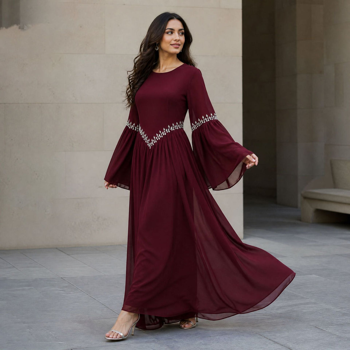 Rhinestone Waist & Cuff Flared Sleeve Maxi Dress(MS513) - Mariam's Collection