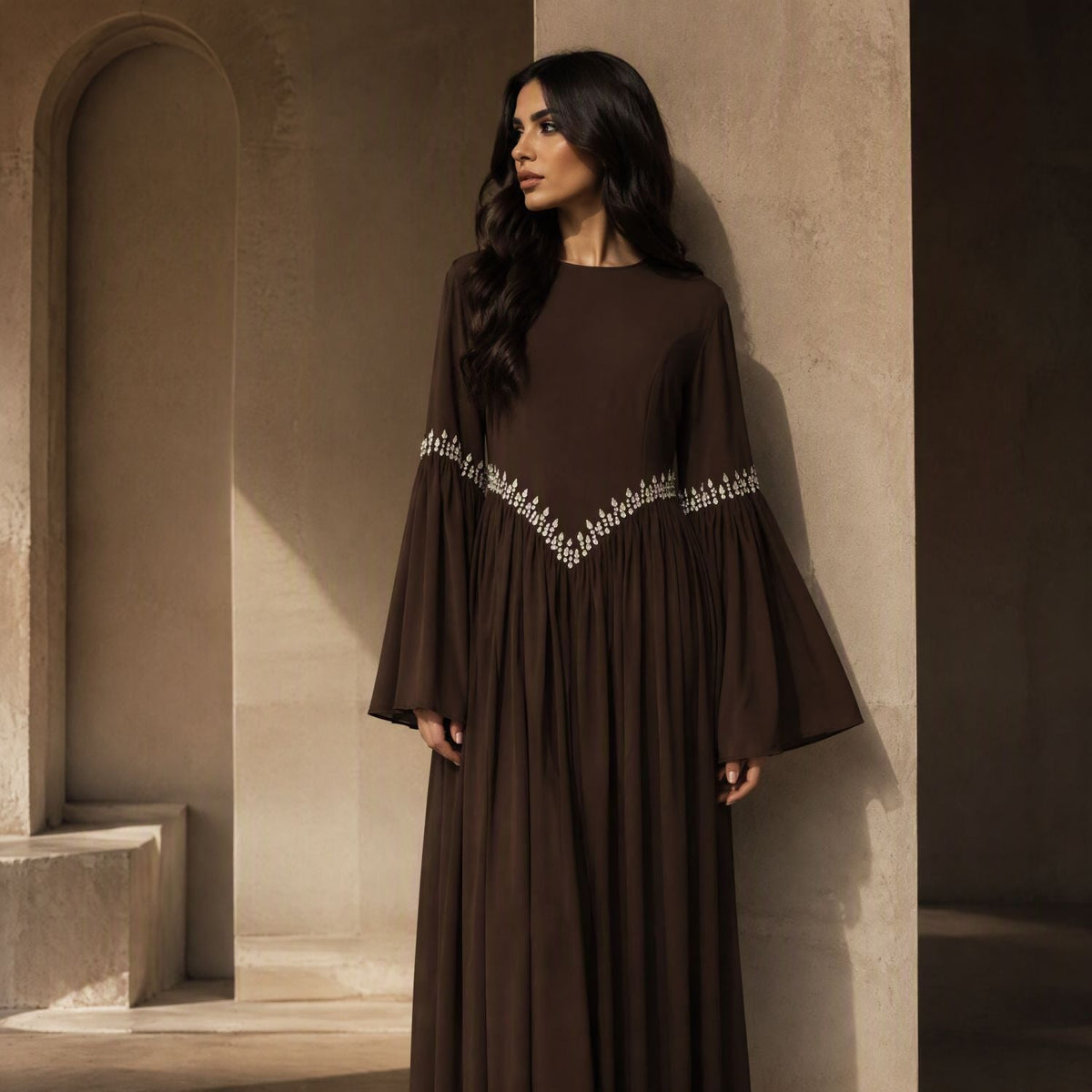 Rhinestone Waist & Cuff Flared Sleeve Maxi Dress(MS513) - Mariam's Collection