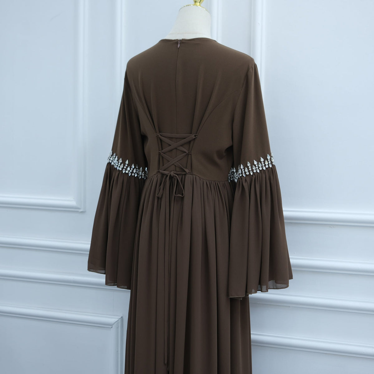 Rhinestone Waist & Cuff Flared Sleeve Maxi Dress(MS513) - Mariam's Collection
