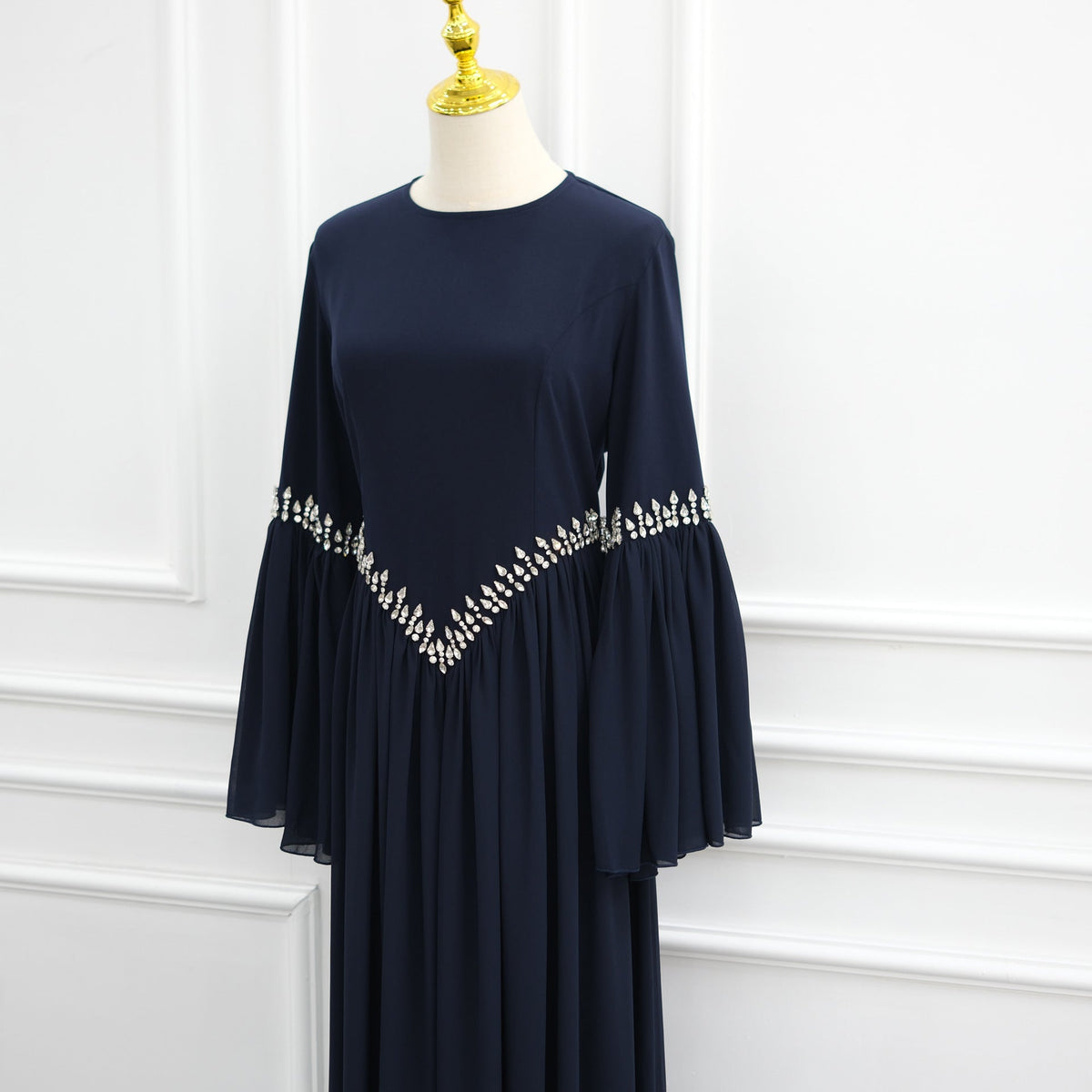 Rhinestone Waist & Cuff Flared Sleeve Maxi Dress(MS513) - Mariam's Collection