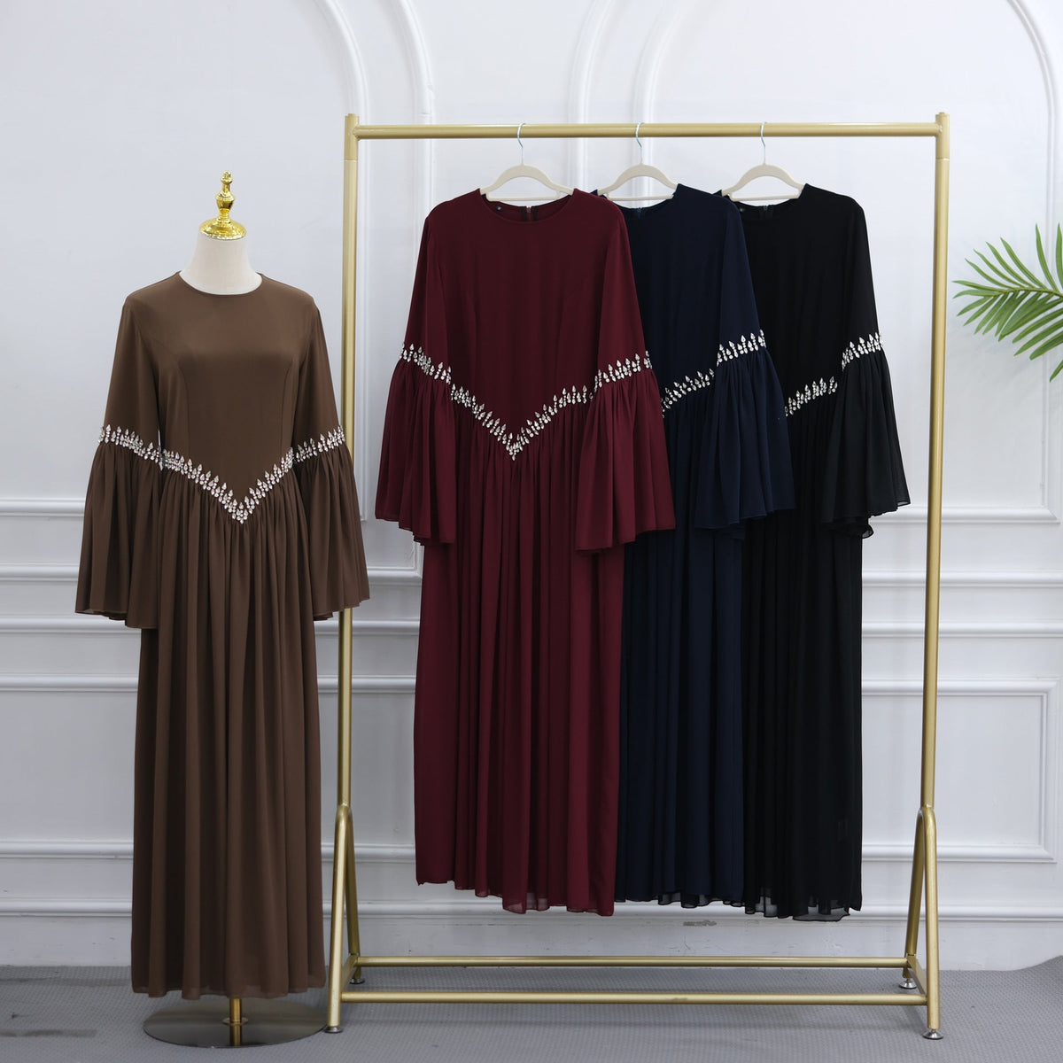 Rhinestone Waist & Cuff Flared Sleeve Maxi Dress(MS513) - Mariam's Collection