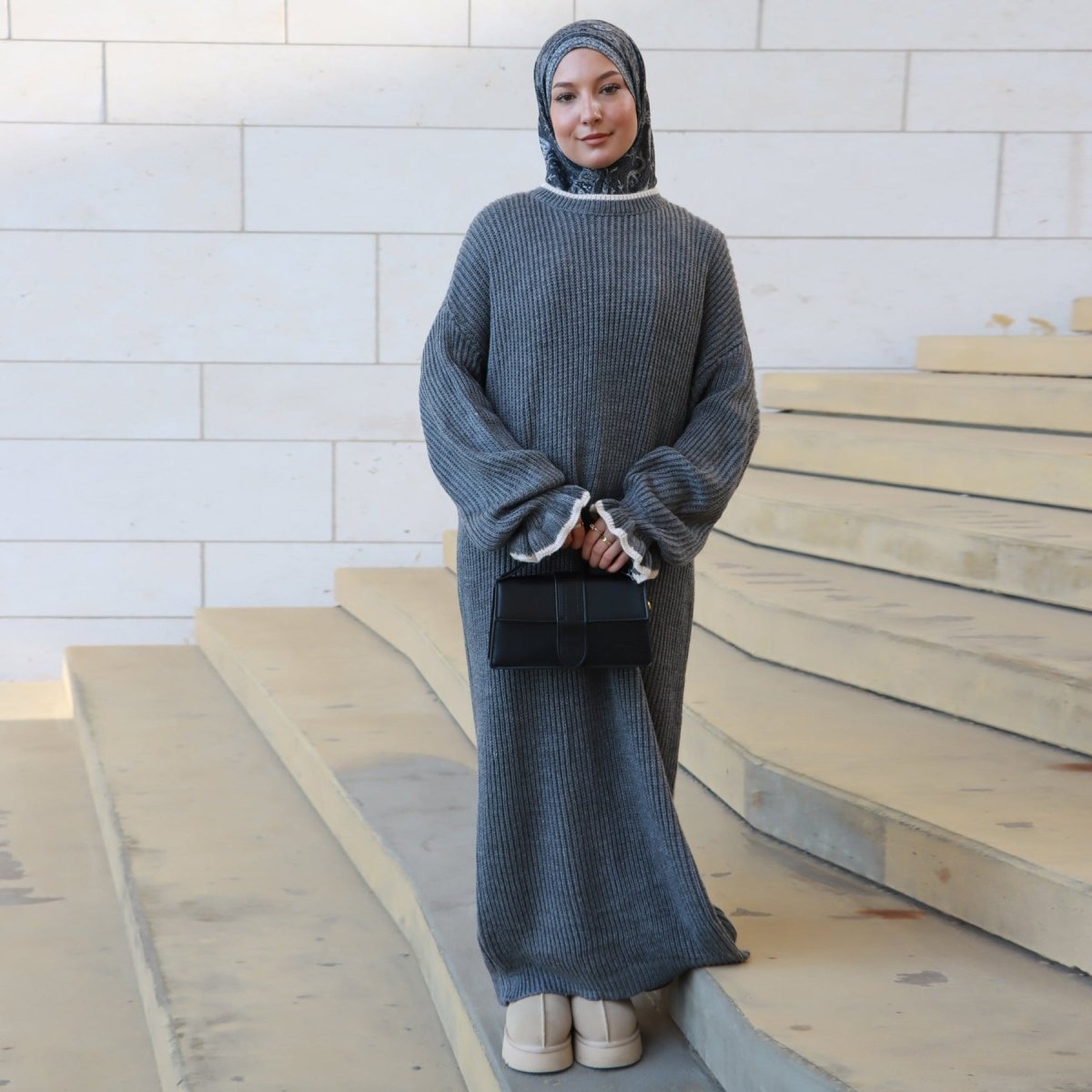 Ribbed Knit Dress with Ruffle Cuffs(MA388) - Mariam's Collection