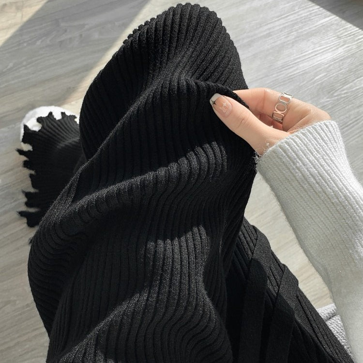 Ribbed Knit Frayed Wide Leg Pants | High Waist Drawstring Flare Pants(MS164) - Mariam's Collection