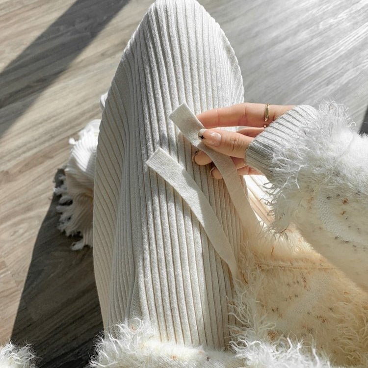 Ribbed Knit Frayed Wide Leg Pants | High Waist Drawstring Flare Pants(MS164) - Mariam's Collection