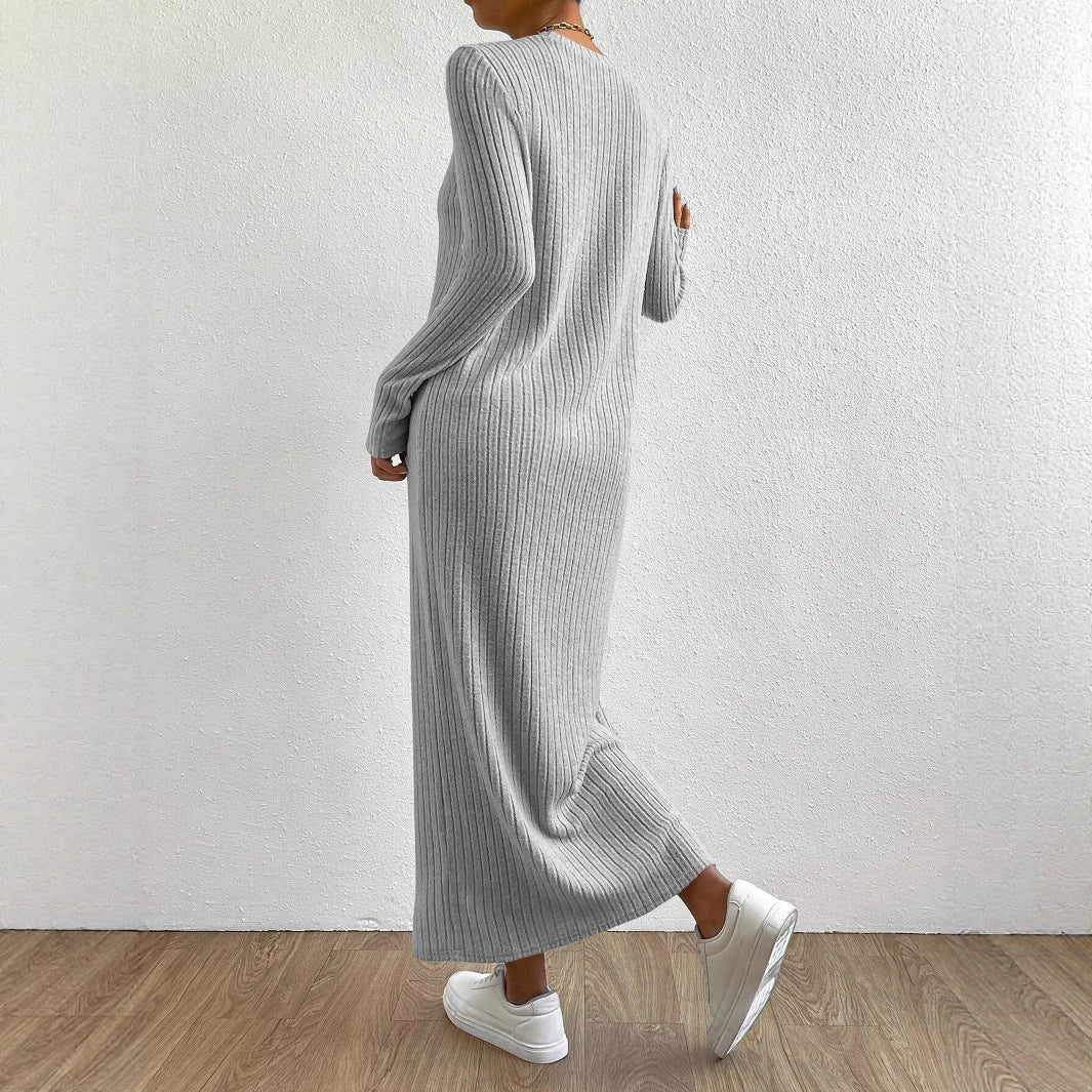 Ribbed Knit Maxi Dress | Long Sleeve Casual Sweater Dress(MS226) - Mariam's Collection