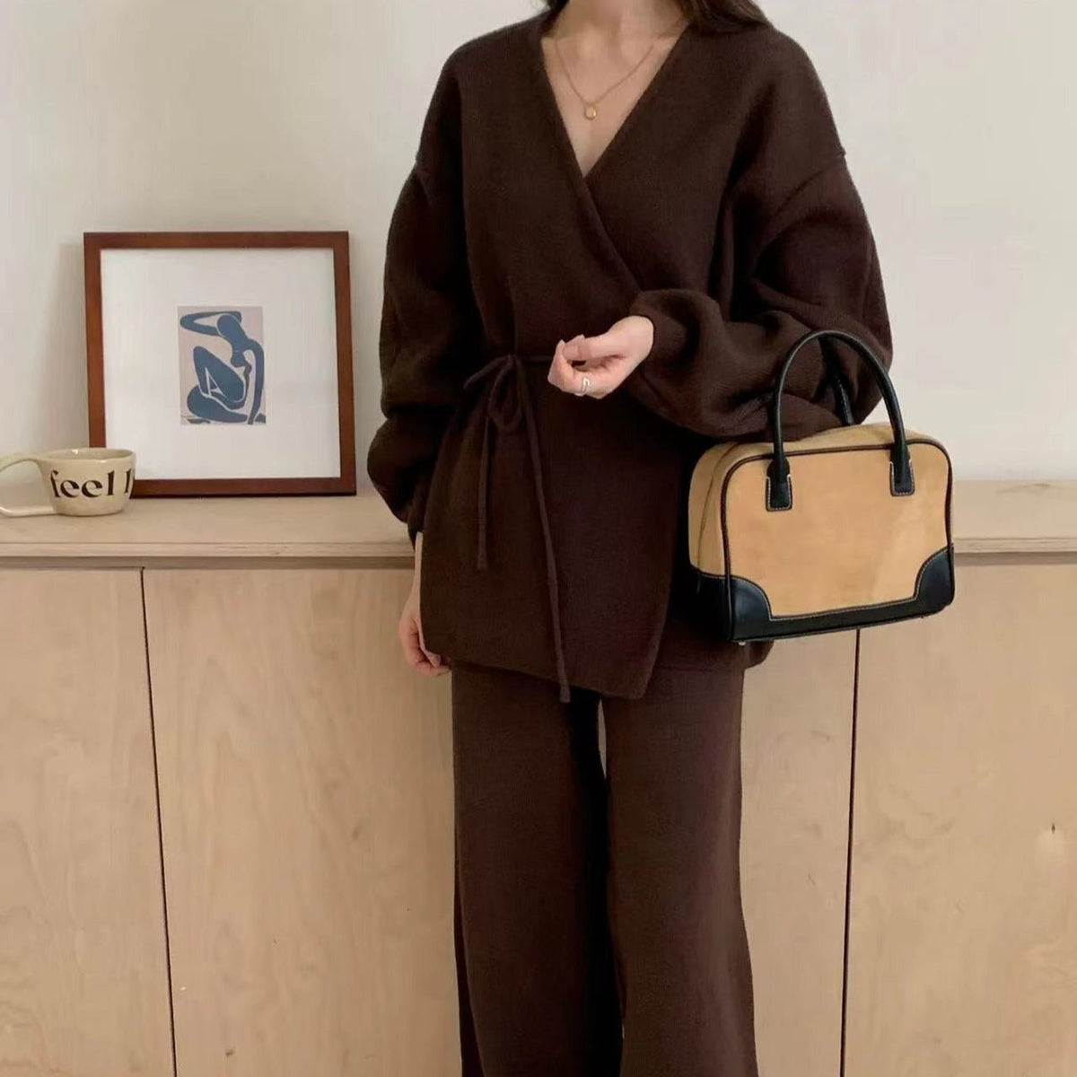 Ribbed Knit Wrap Top & Wide-Leg Trouser Two-Piece Set(MS531) - Mariam's Collection