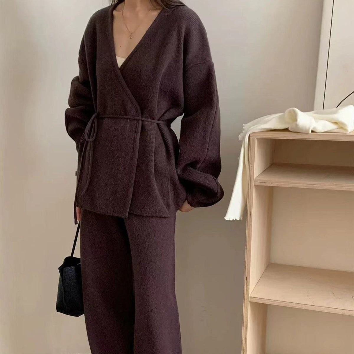 Ribbed Knit Wrap Top & Wide-Leg Trouser Two-Piece Set(MS531) - Mariam's Collection