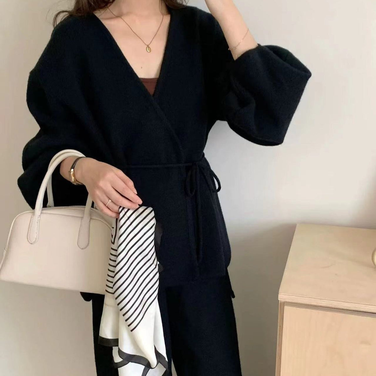 Ribbed Knit Wrap Top & Wide-Leg Trouser Two-Piece Set(MS531) - Mariam's Collection