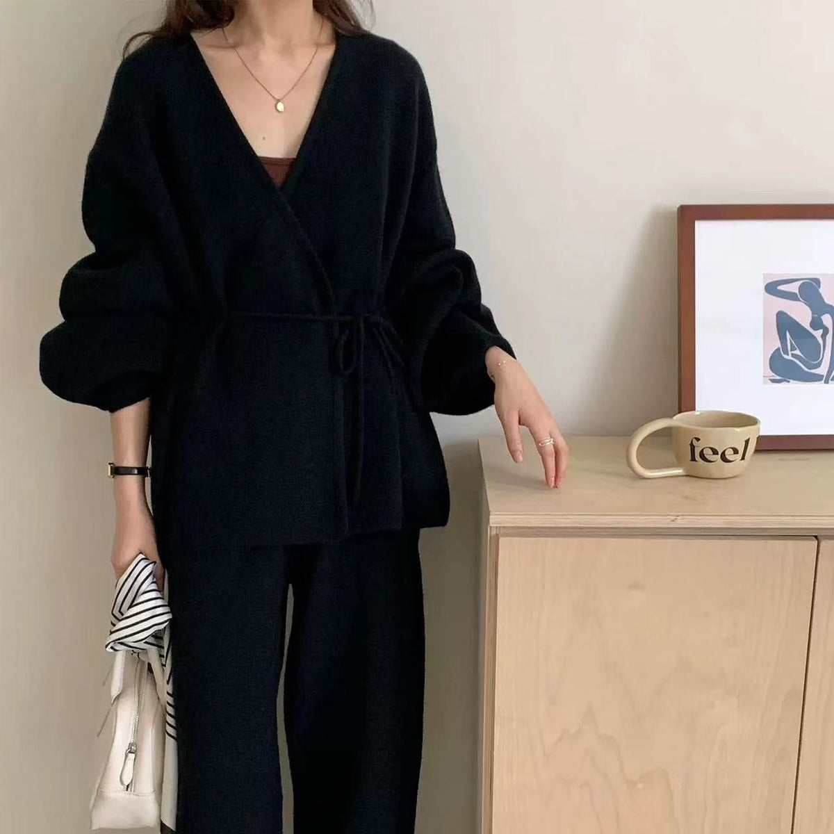 Ribbed Knit Wrap Top & Wide-Leg Trouser Two-Piece Set(MS531) - Mariam's Collection