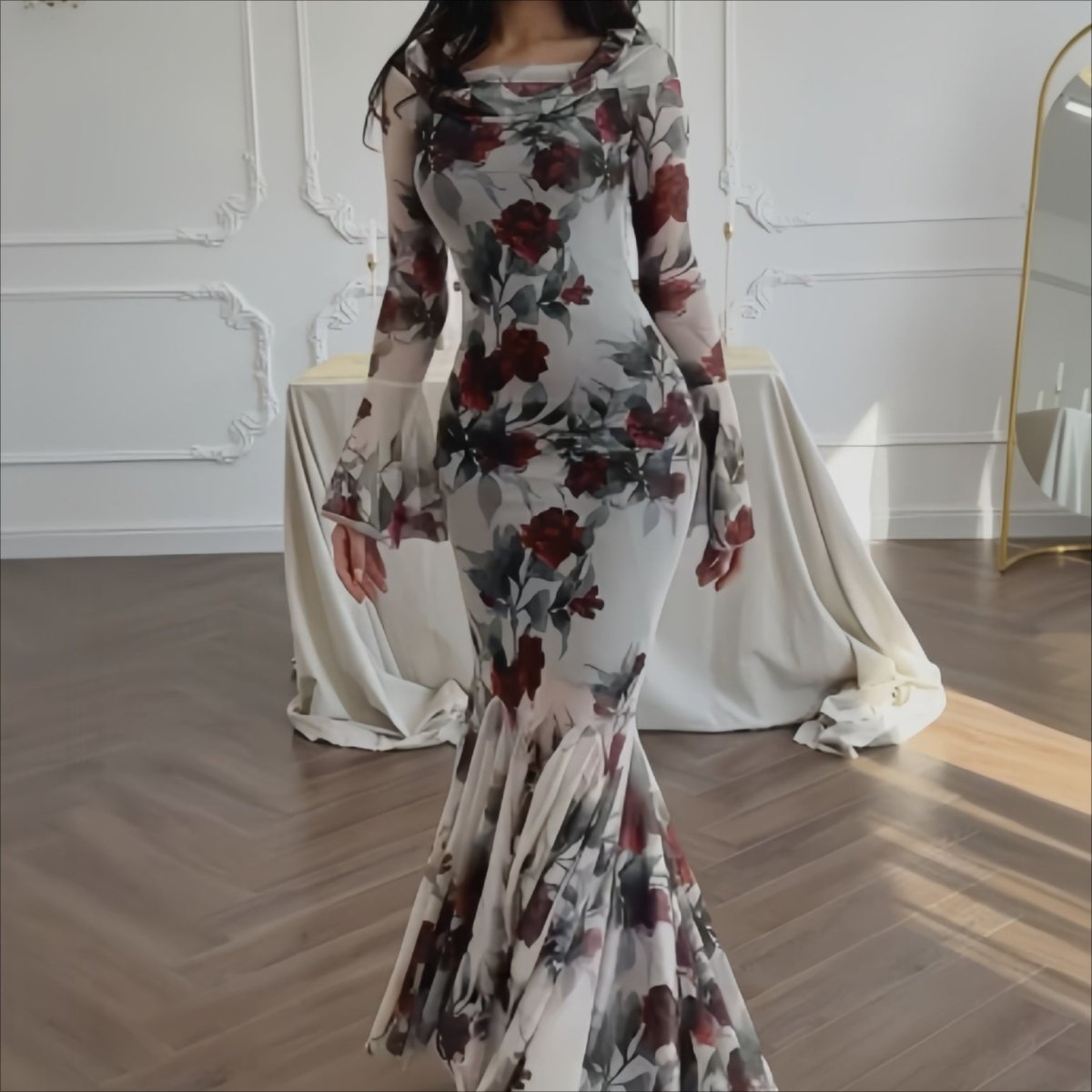 Romantic Floral Mermaid Dress | Elegant Ruffle Hem Long Sleeve French Style Maxi Dress(MS268) - Mariam's Collection