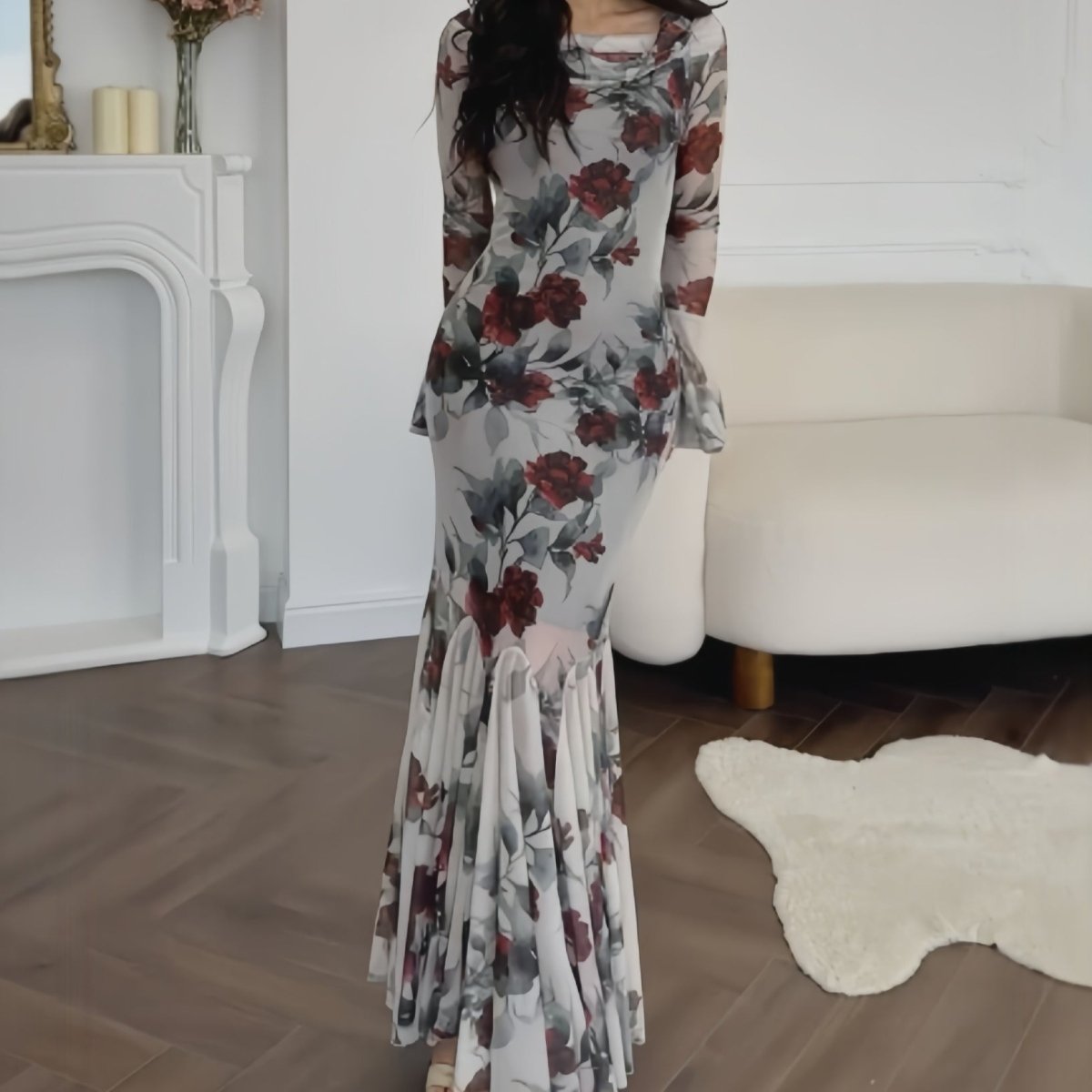 Romantic Floral Mermaid Dress | Elegant Ruffle Hem Long Sleeve French Style Maxi Dress(MS268) - Mariam's Collection