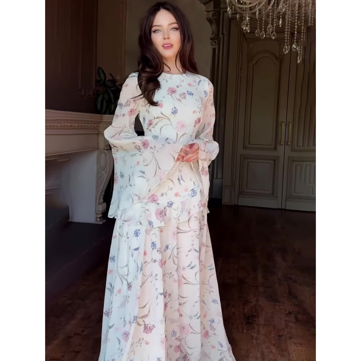Romantic High Neck Floral Bell Sleeve Long Sleeve Gown Abaya with Flowy Hem. (MA218) - Mariam's Collection