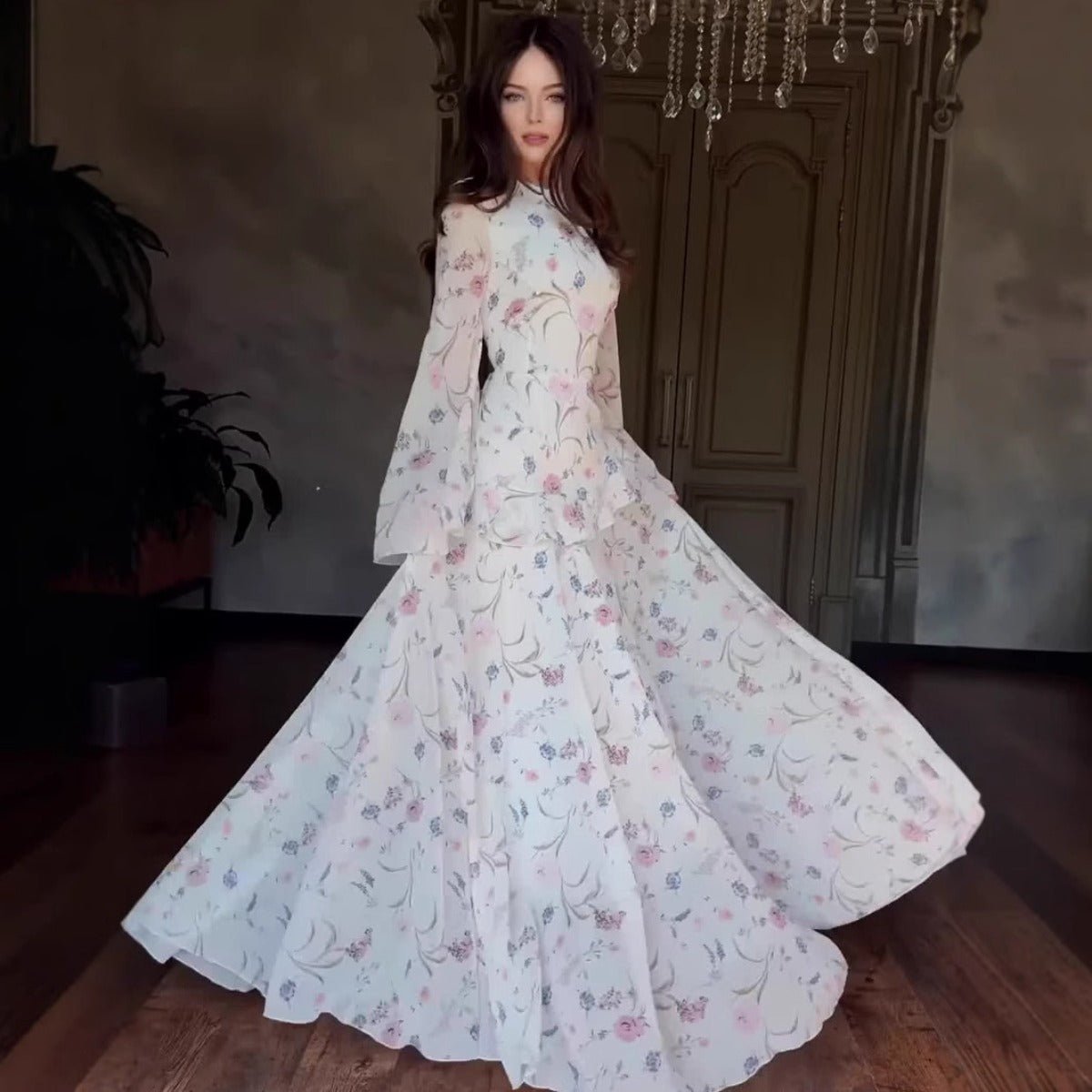 Romantic High Neck Floral Bell Sleeve Long Sleeve Gown Abaya with Flowy Hem. (MA218) - Mariam's Collection