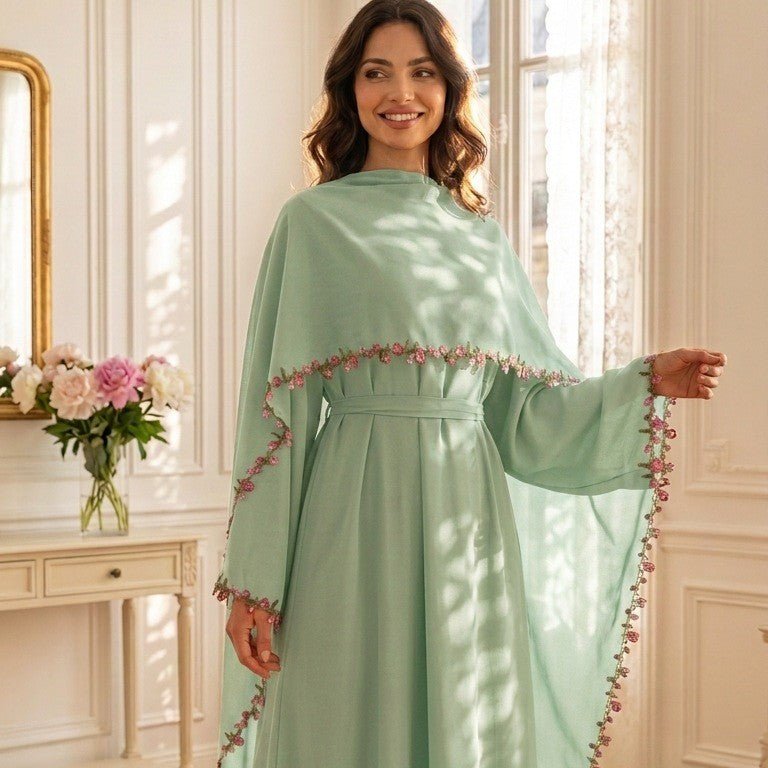 Rose Bud Embroidered Diagonal Trim Maxi Dress(MA455) - Mariam's Collection