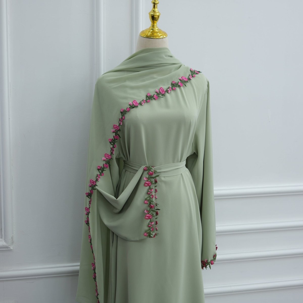 Rose Bud Embroidered Diagonal Trim Maxi Dress(MA455) - Mariam's Collection