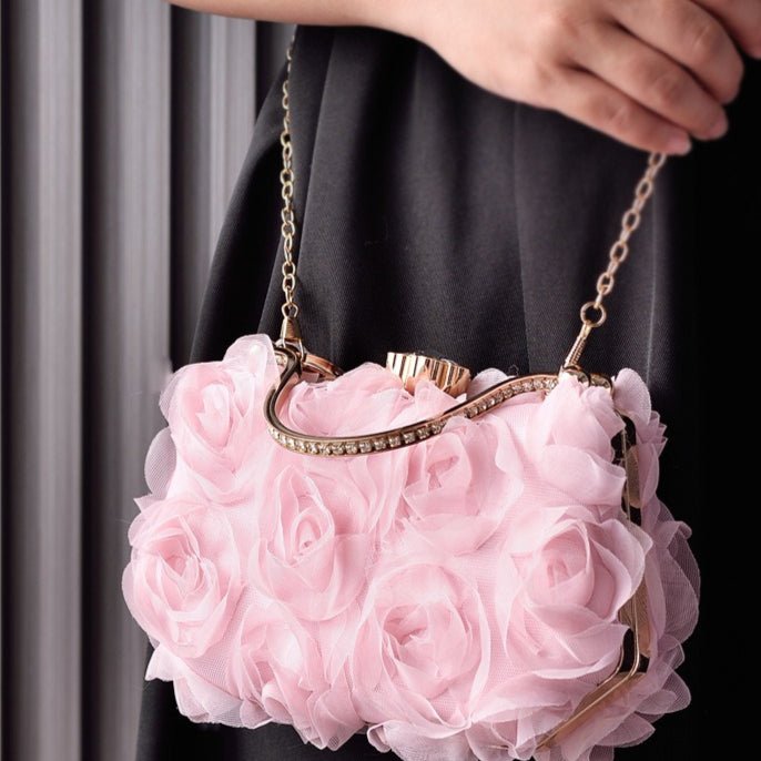 Rose Flower Evening Clutch | Bridal Wedding Bag with Metal Handle(MAC357) - Mariam's Collection