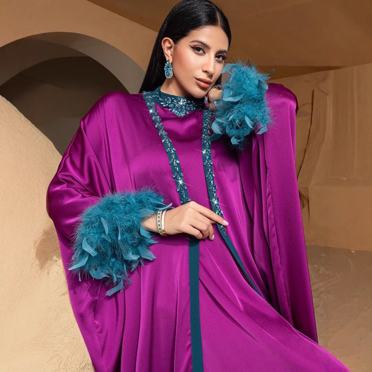 Rose Purple Luxury Feather - Embellished Abaya Dress Two - Piece Set with Crystal & Bead Details. (MOA159) - Mariam's Collection