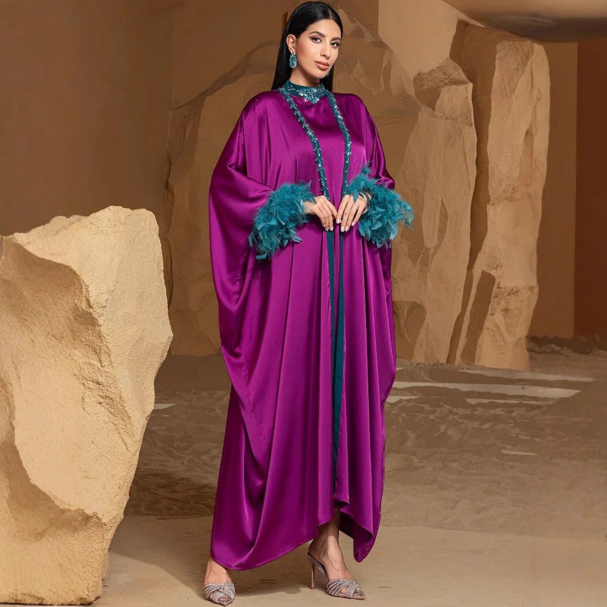 Rose Purple Luxury Feather - Embellished Abaya Dress Two - Piece Set with Crystal & Bead Details. (MOA159) - Mariam's Collection