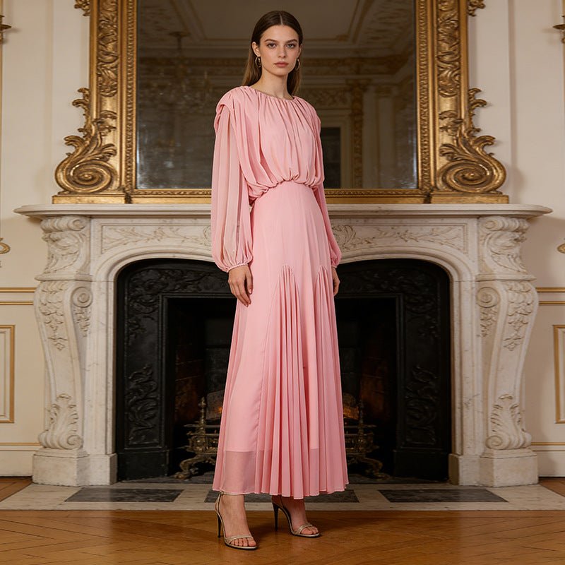 Lantern Sleeve Pleated Dress – Ruched Bodice Floor-Length Abaya