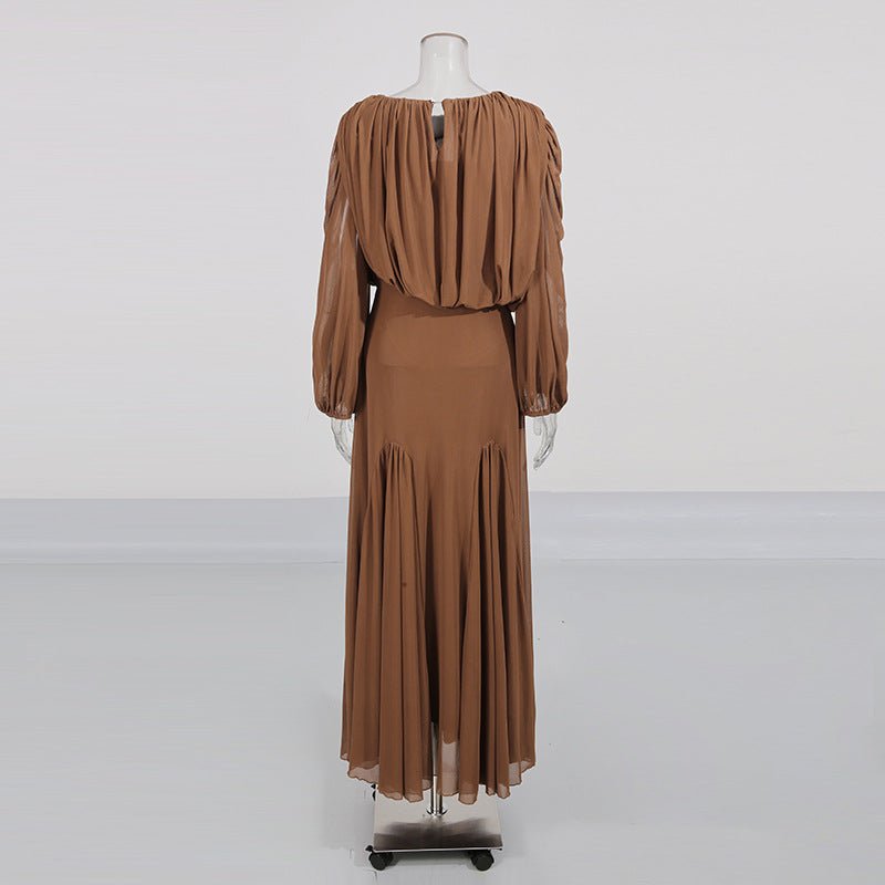 Back silhouette of floor-length ruched bodice abaya dress