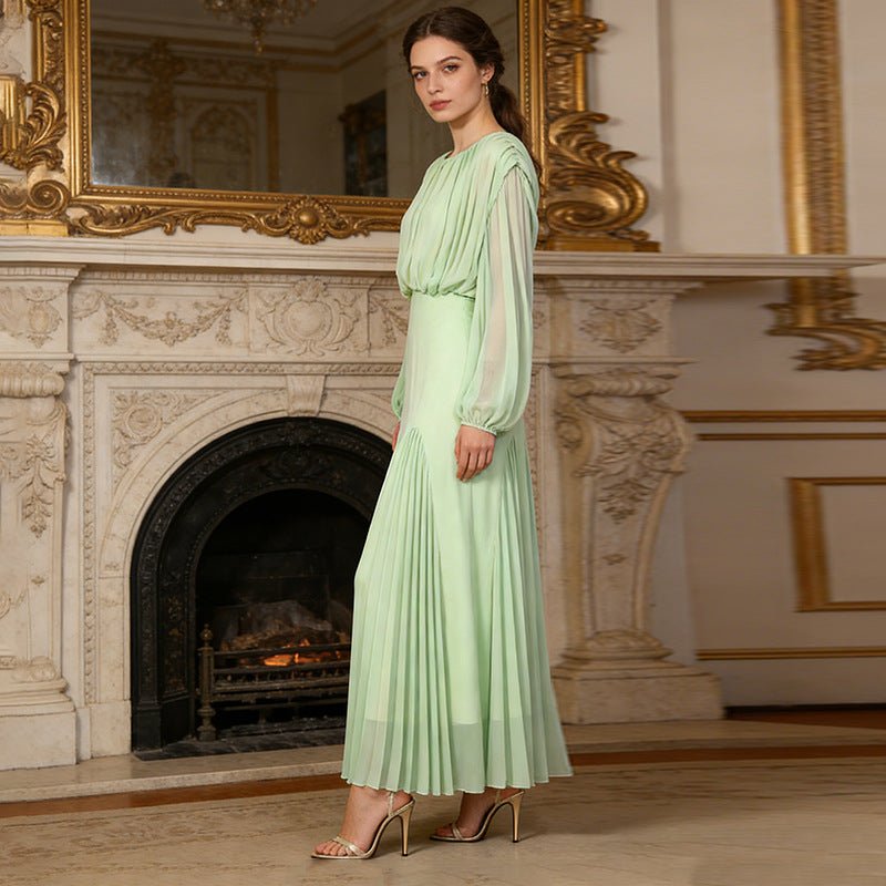 Lantern Sleeve Pleated Dress – Ruched Bodice Floor-Length Abaya