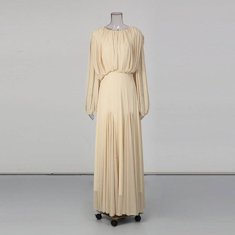 Close-up of gathered ruched bodice and round neckline detail