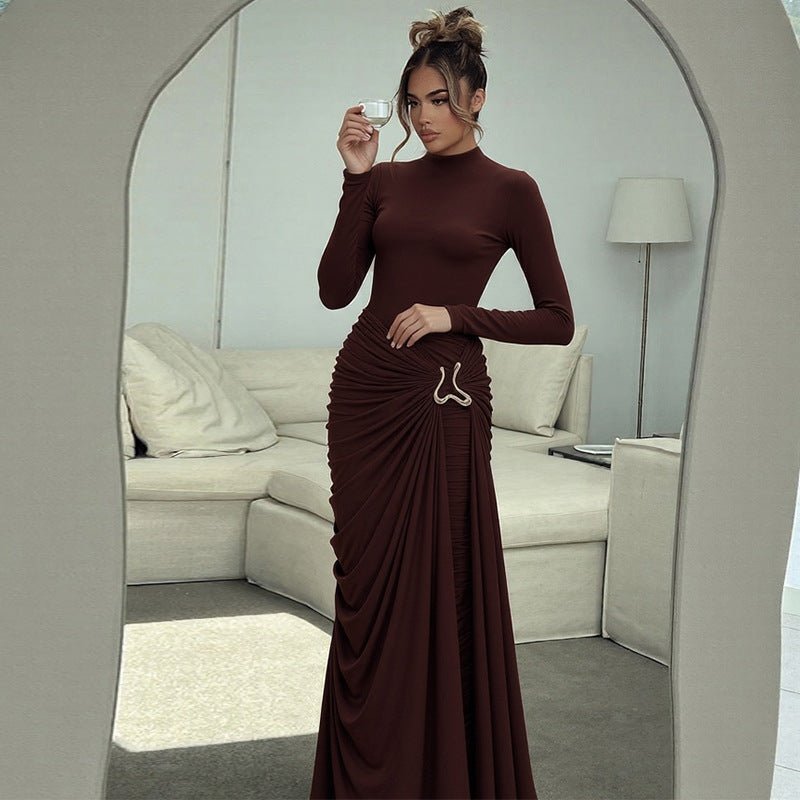 Ruched Bodycon Gown with Metal Hardware | High Neck Modal Maxi Dress(MS233) - Mariam's Collection