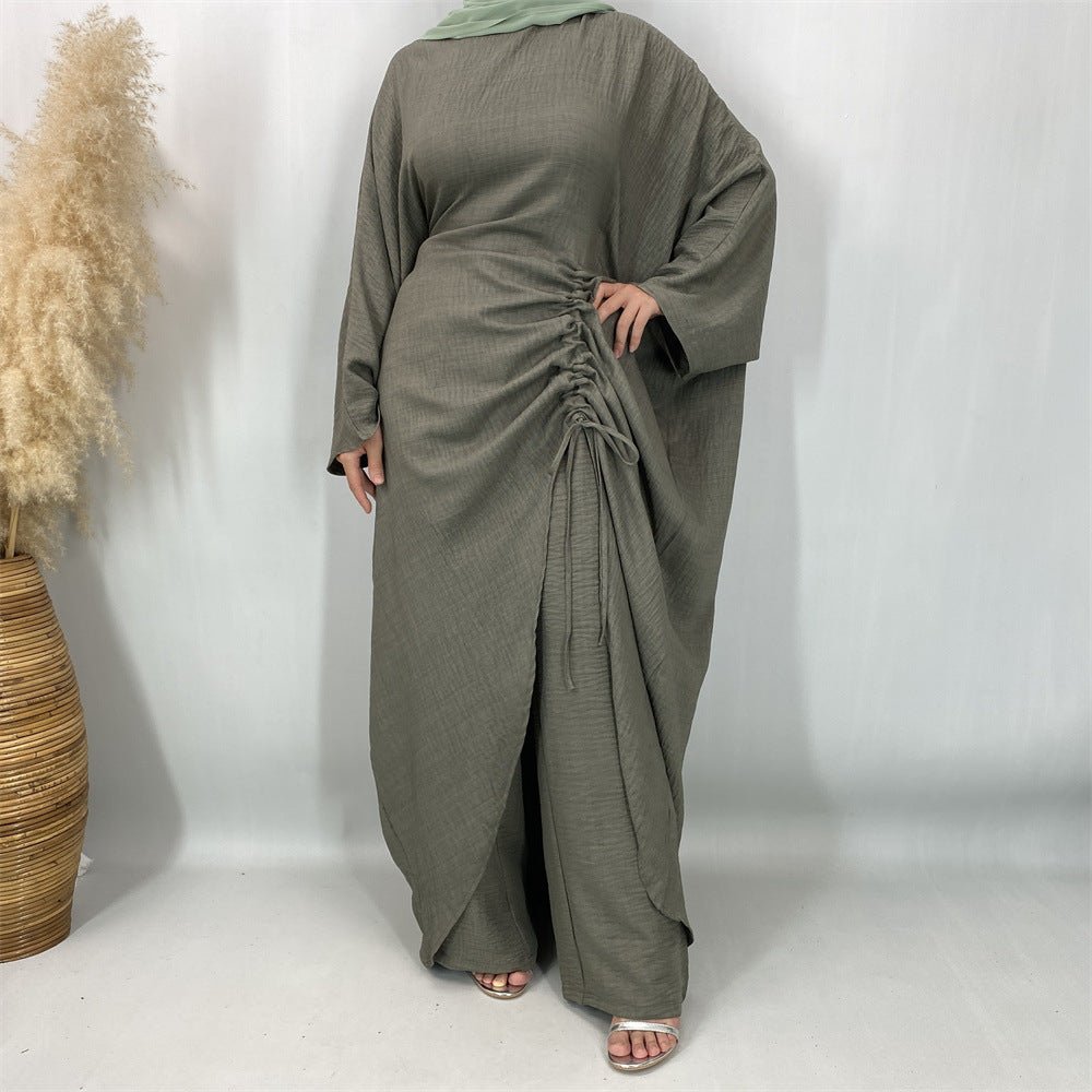 Ruched Drawstring Batwing Top & Wide-Leg Trousers Co-ord Set(MS478) - Mariam's Collection