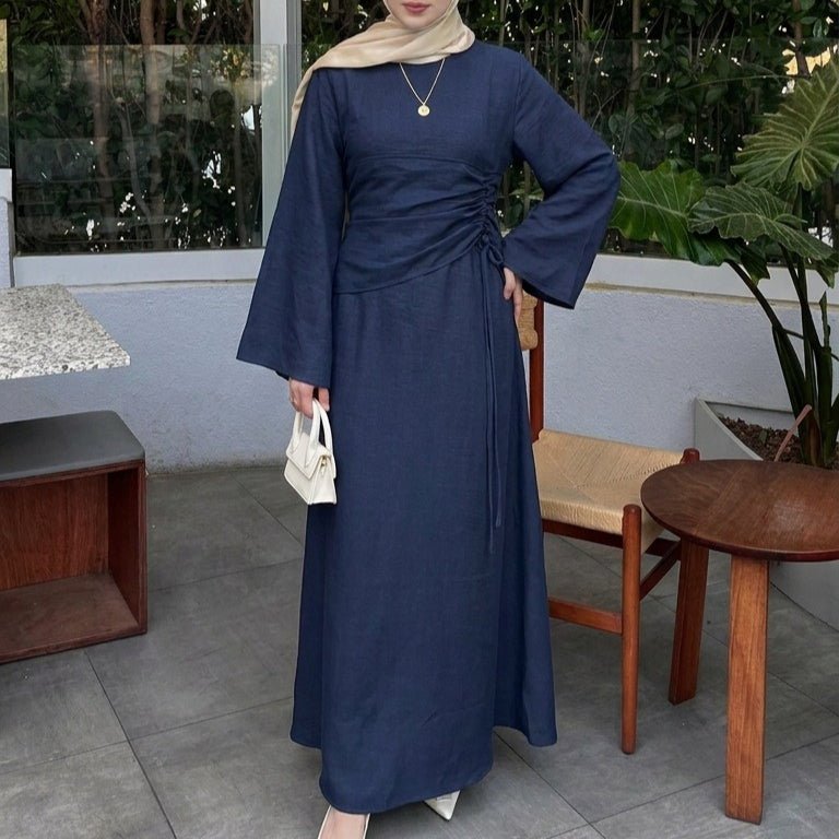 Ruched Drawstring Waist Flared Sleeve Maxi Dress(MS492) - Mariam's Collection