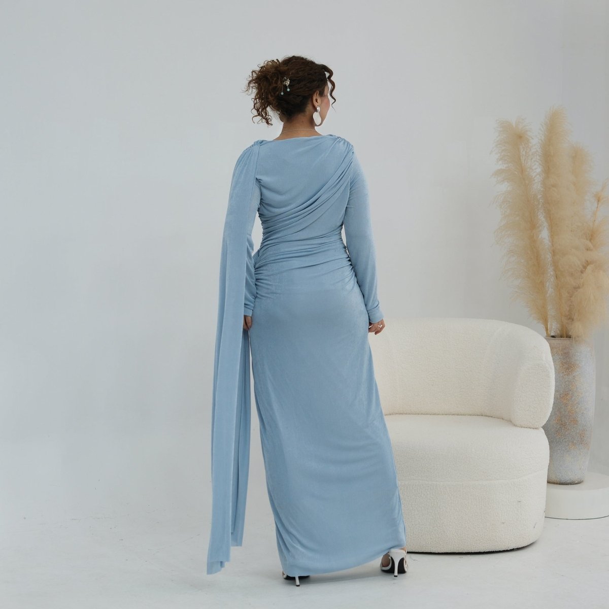 Ruched Maxi Dress with Cape(MS434) - Mariam's Collection