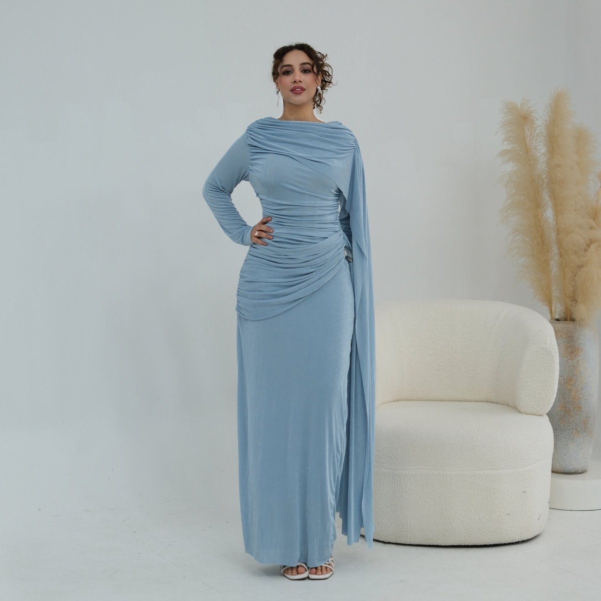 Ruched Maxi Dress with Cape(MS434) - Mariam's Collection