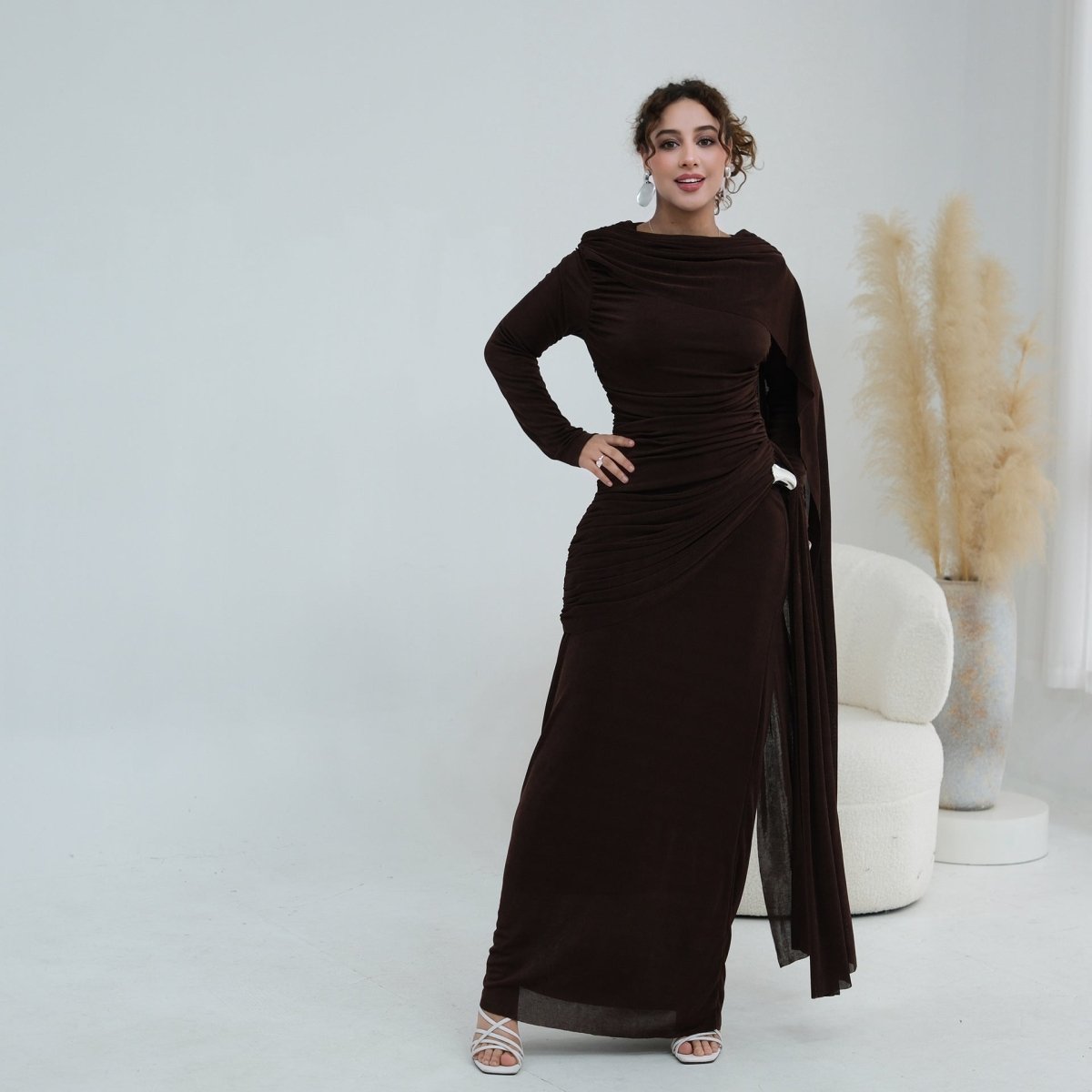 Ruched Maxi Dress with Cape(MS434) - Mariam's Collection