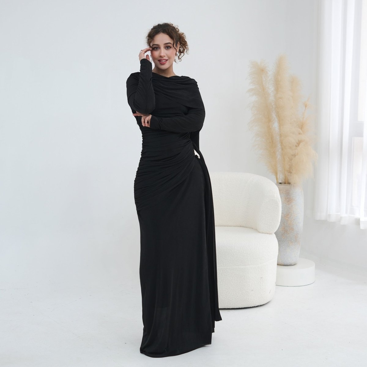 Ruched Maxi Dress with Cape(MS434) - Mariam's Collection