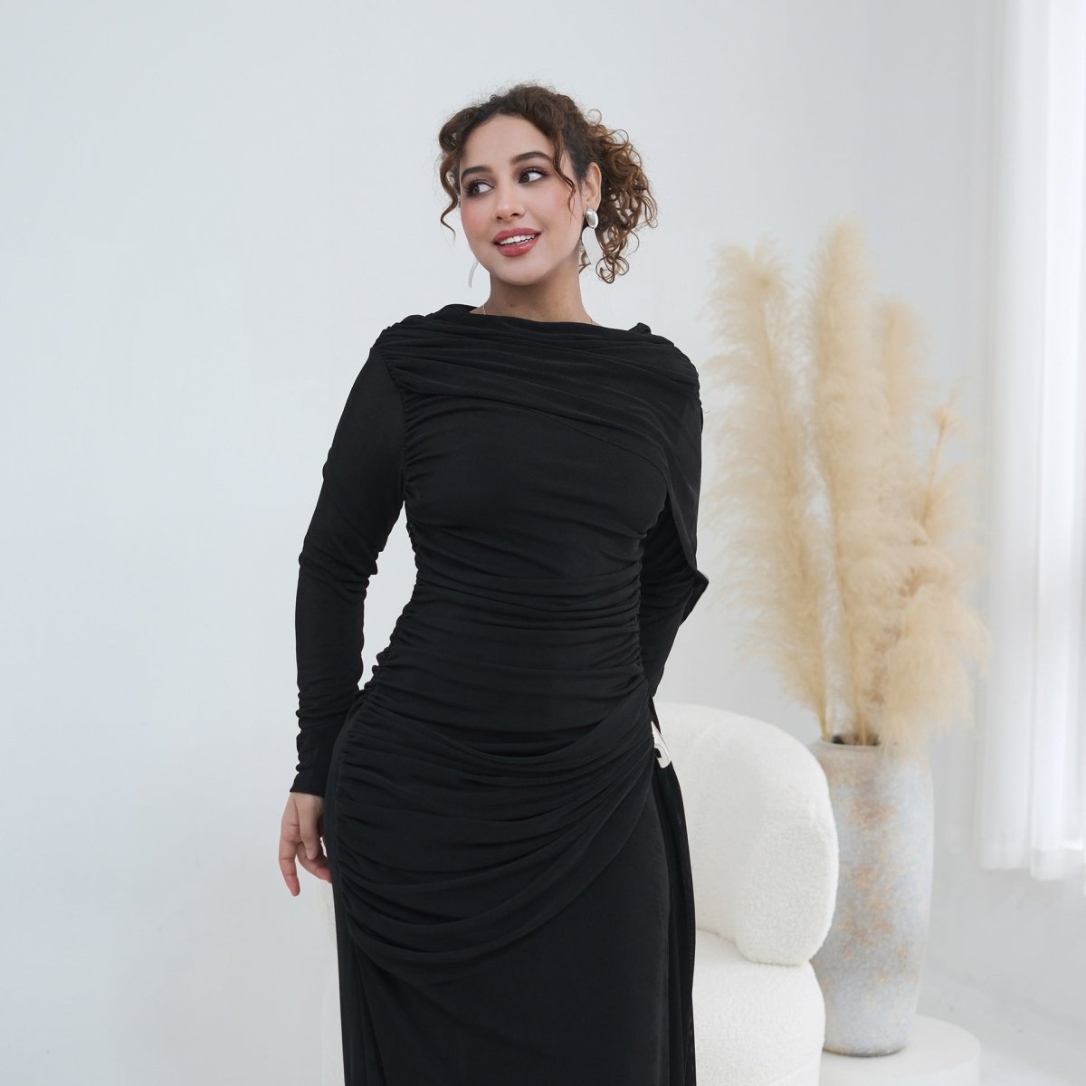 Ruched Maxi Dress with Cape(MS434) - Mariam's Collection